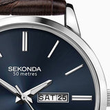 Sekonda Classic Mens Watch | Silver Case & Leather Upper Strap With Blue Dial | 1662