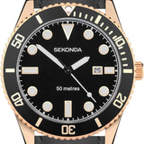 Sekonda Ocean Mens Watch | Rose Gold Alloy Case & Black Leather Strap with Black Dial | 30138