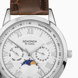Sekonda Armstrong Moon Phase Mens Watch | Silver Alloy Case & Brown Leather Strap With Silver Dial | 30146