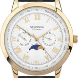 Sekonda Armstrong Moon Phase Men’s Watch | Gold Alloy Case & Black Leather Strap with Silver Dial | 30147