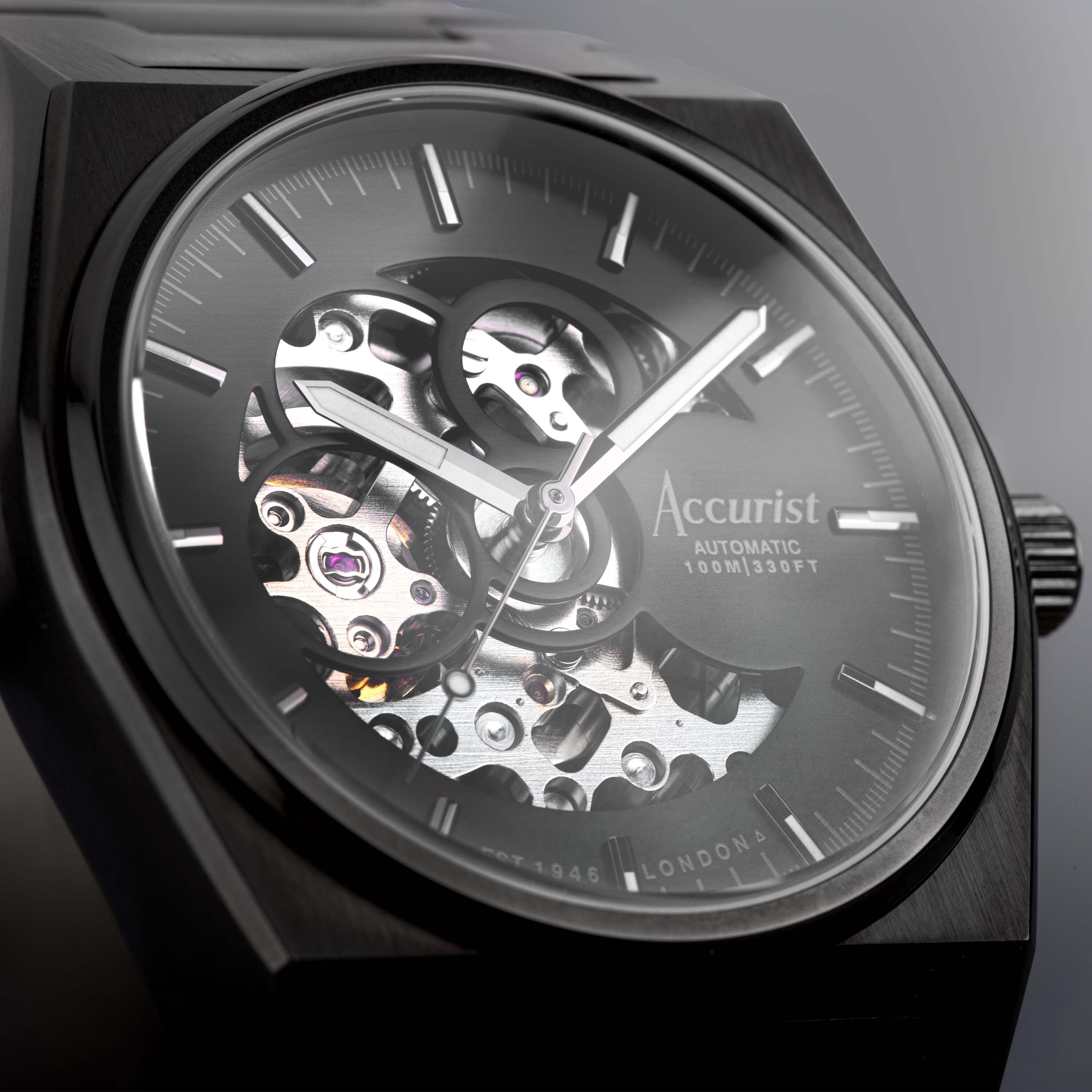 Accurist Origin Automatic Men'S Watch | Black Stainless Steel Case & Bracelet With Skeleton Dial | 41Mm | 70023