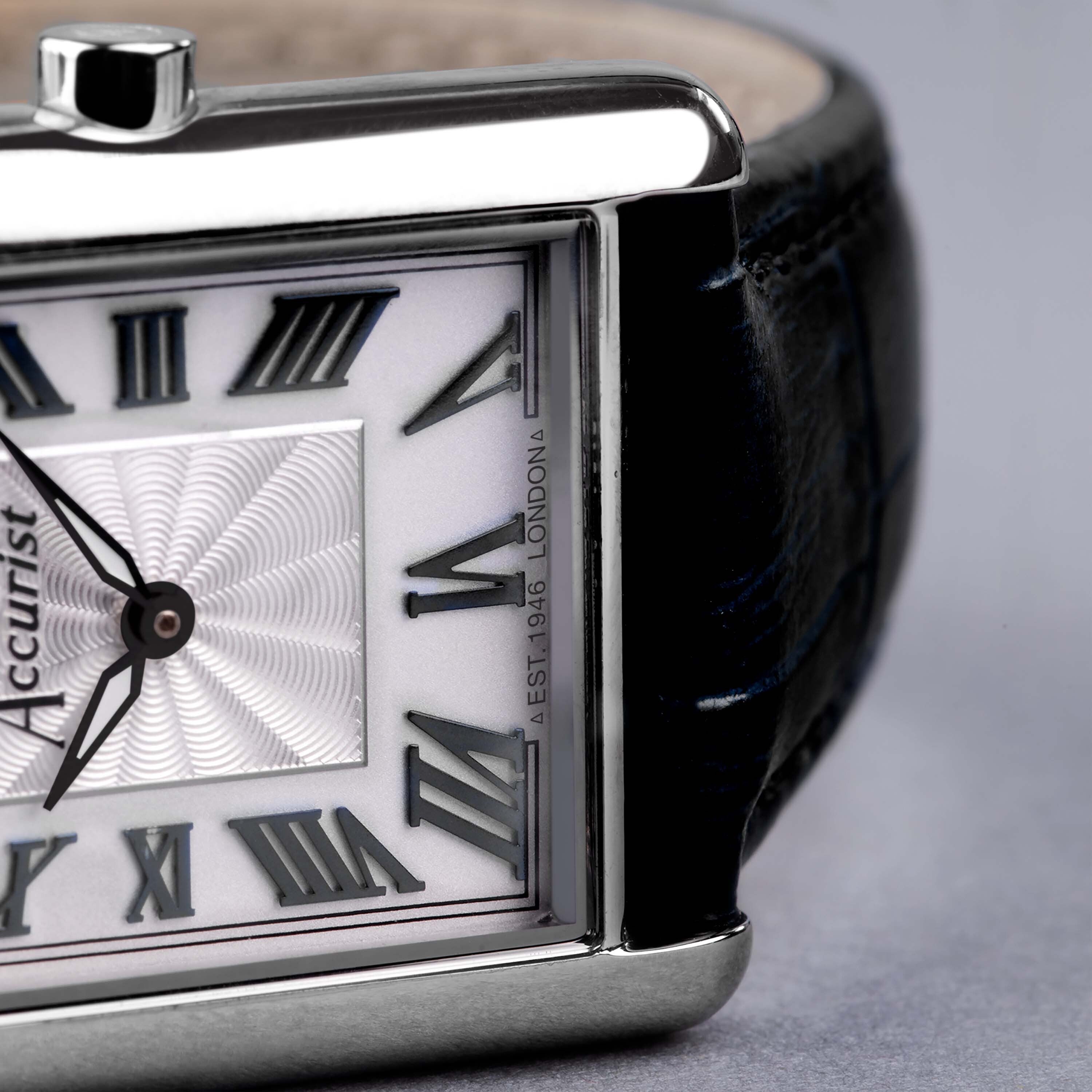 Accurist Rectangle Ladies Watch | Silver Case & Black Leather Strap With White Dial | 26Mm | 71001