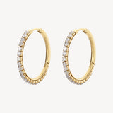 304 stainless steel medium hoop earrings, 14K gold pvd coating with clear cubic zirconia.|BEIE015