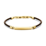 Brown Leather Bracelet With A Central Plate In  And 14K Gold Pvd Coating. | Bii15