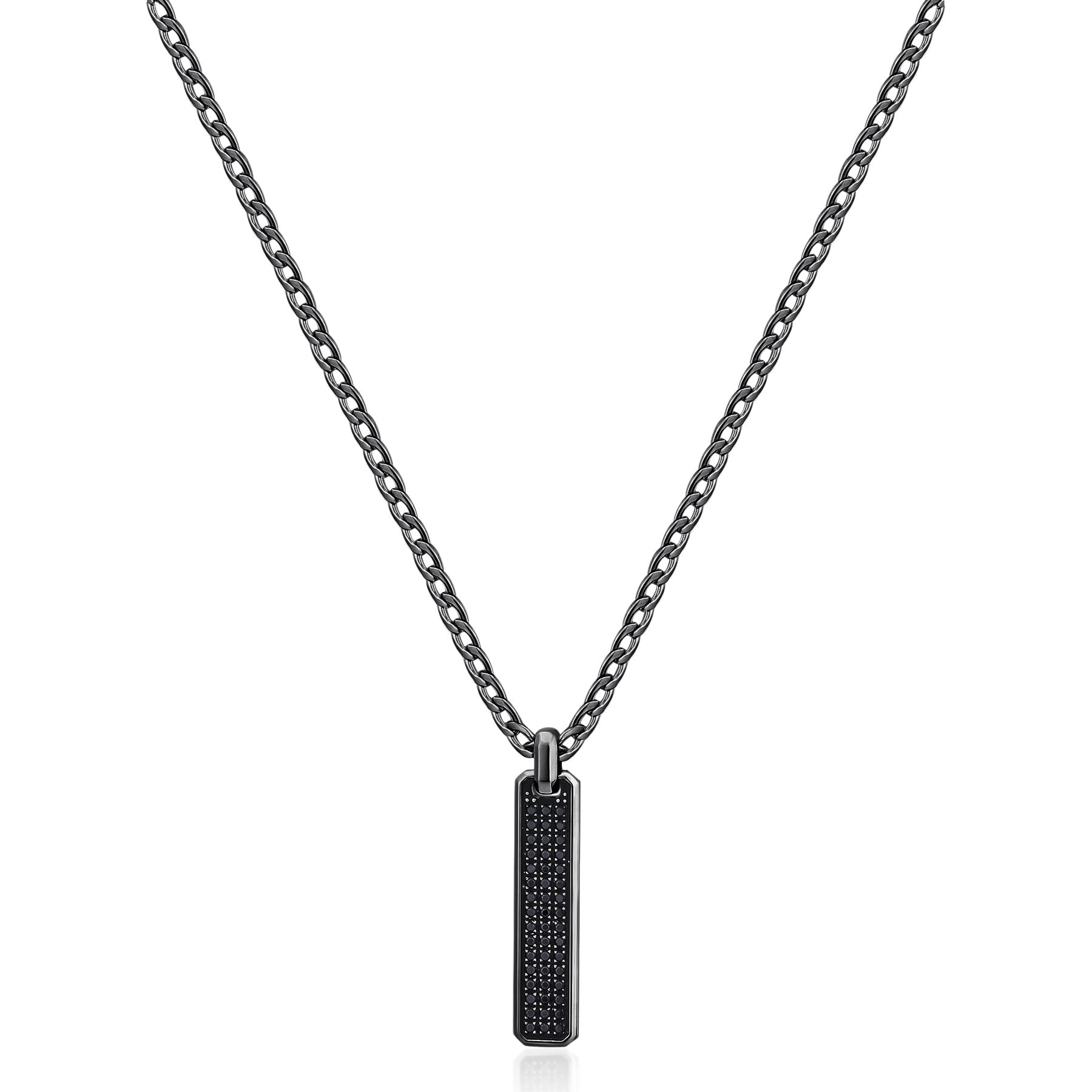 Long Chain Necklace And Ruthenium Color Pvd Coating With Pendant And Black Cubic Zirconia. | Bik113