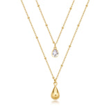 Double Strand Necklace, 14K Gold Pvd Coating With Drop-Shaped Pendant And Clear Crystal. | Bpc37