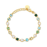 316L stainless steel bracelet, 14K gold pvd coating with crystals in clear, chrysolite, aqua bohemica, peridot and jonquil colors.