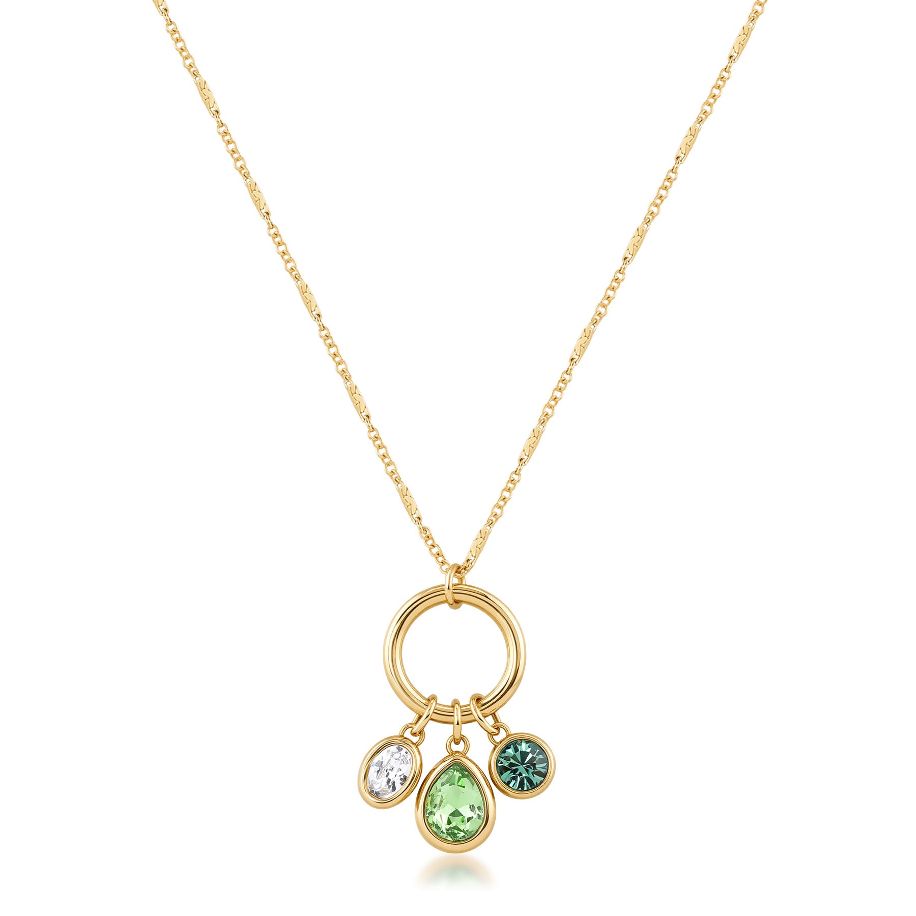 Necklace And 14K Gold Pvd Coating With A Central Pendant With Drop, Oval And Round-Shaped Crystals In Clear, Erinite And Chrysolite Colors. | Bym200
