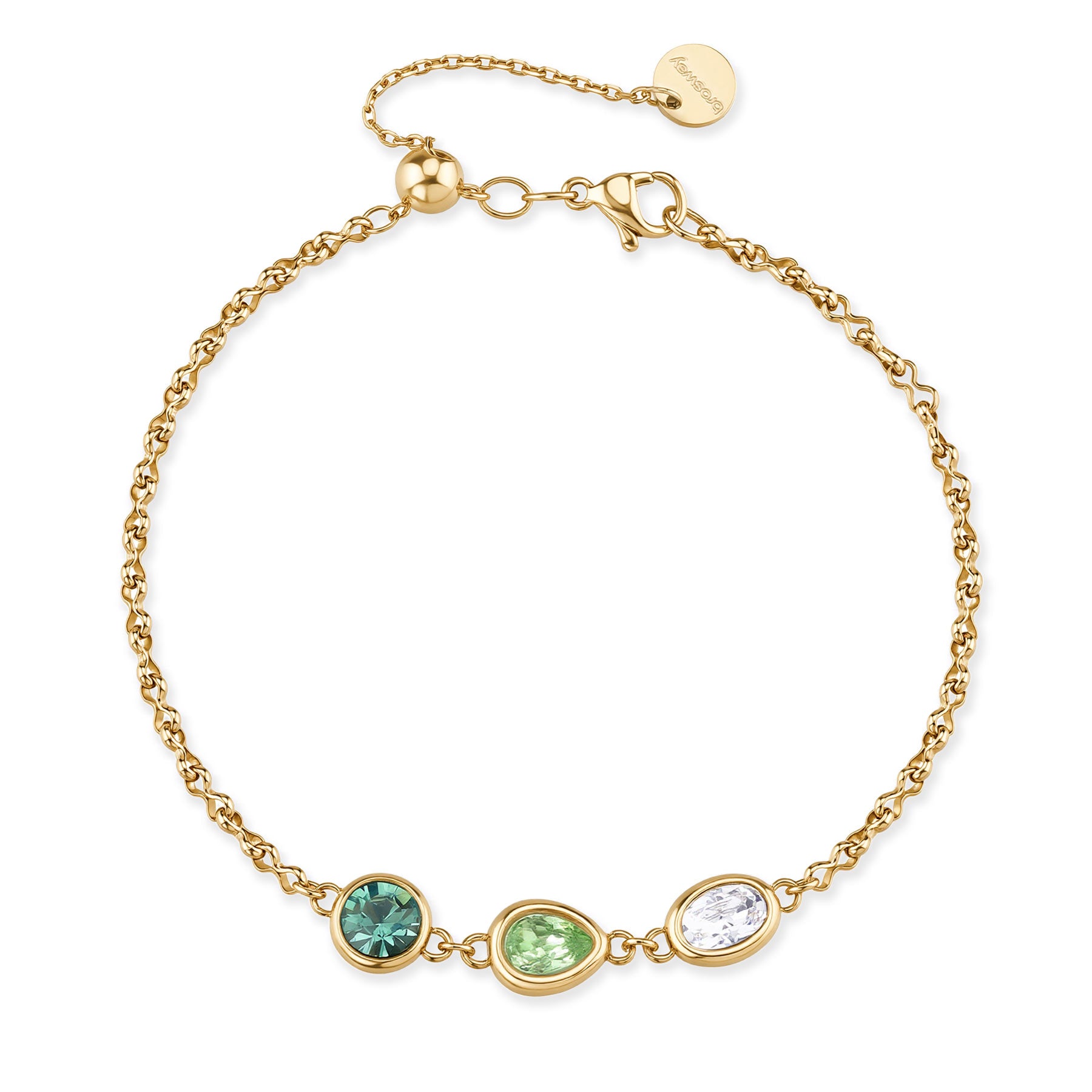 Bracelet And 14K Gold Pvd Coating With A Central Pendant With Drop, Oval And Round-Shaped Crystals In Clear, Erinite And Chrysolite Colors. | Bym207