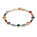 316L stainless steel bracelet and 14K gold pvd coating with crystals in montana, rose, amethyst, topaz, aquamarine, emerald, sapphire and scarlet colors.