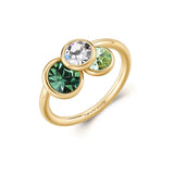 Ring And 14K Gold Pvd Coating  With Three Dangling Round Crystals In Clear, Erinite And Chrysolite Colors. | Bym219C