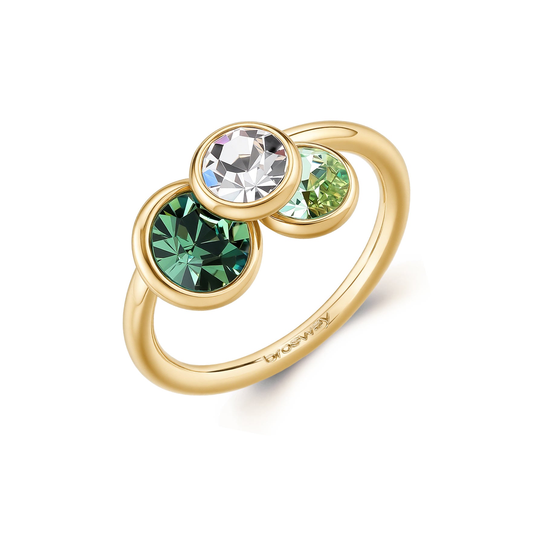 Ring And 14K Gold Pvd Coating  With Three Dangling Round Crystals In Clear, Erinite And Chrysolite Colors. | Bym219C