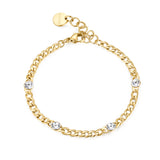 316L stainless steel chain bracelet and 14K gold pvd coating with clear crystals.