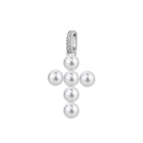 925  Rhodium-Plated Sterling Silver Cross-Shaped Pendant With Shell Pearl And Clear Cubic Zirconia.|Fiw134