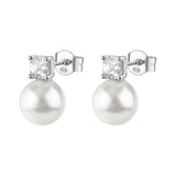 925  Rhodium-Plated Sterling Silver Stud Earrings With Shell Pearls And Clear Cubic Zirconia.|Fiw145