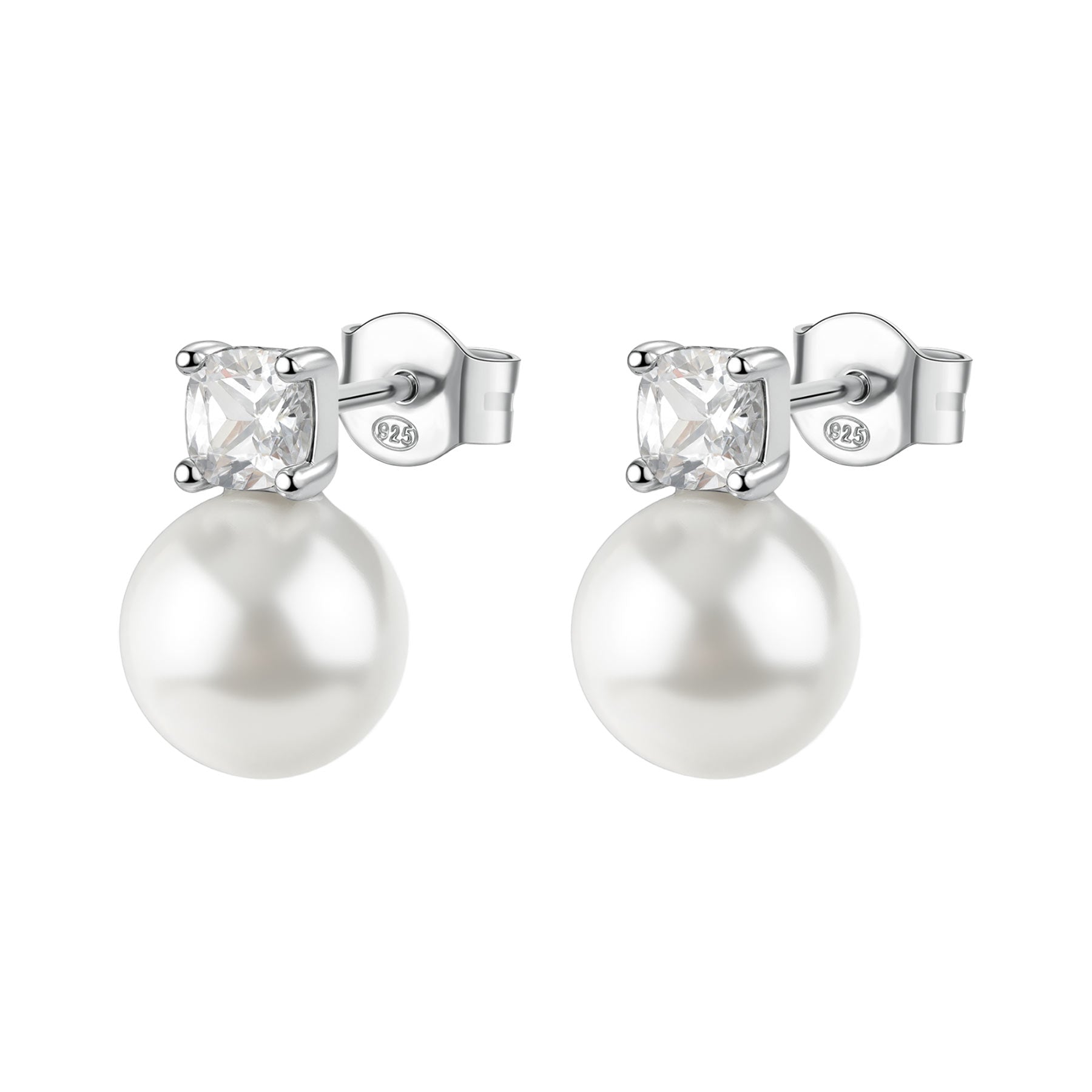925  Rhodium-Plated Sterling Silver Stud Earrings With Shell Pearls And Clear Cubic Zirconia.|Fiw145