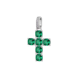 925  Rhodium-Plated Sterling Silver Cross-Shaped Pendant With Emerald Color Cushion Cubic Zirconia.|Flg115