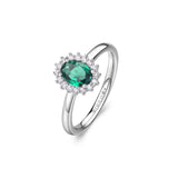 925‰ rhodium-plated sterling silver Kate ring with clear and emerald color oval cubic zirconia.