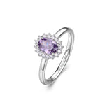 925‰ rhodium-plated sterling silver Kate ring with clear and amethyst color oval cubic zirconia.
