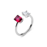 925‰ rhodium-plated sterling silver ring with clear square cubic zirconia and ruby color baguette cubic zirconia.