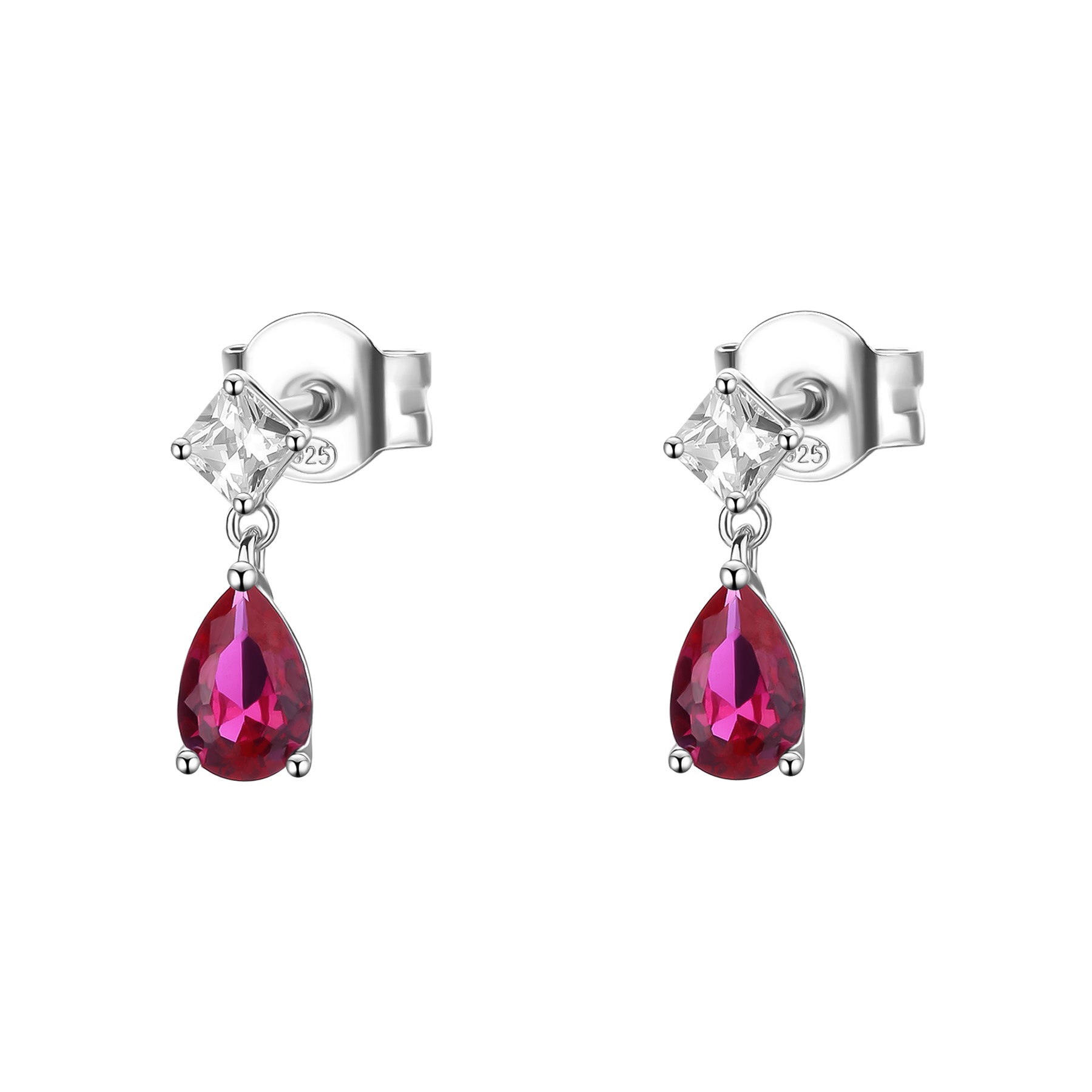 925  Rhodium-Plated Sterling Silver Pendant Earrings With Clear Square Cubic Zirconia And Ruby Color Pear Cubic Zirconia.|Fpr119