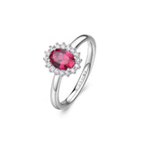 925‰ rhodium-plated sterling silver Kate ring with clear and ruby color oval cubic zirconia.