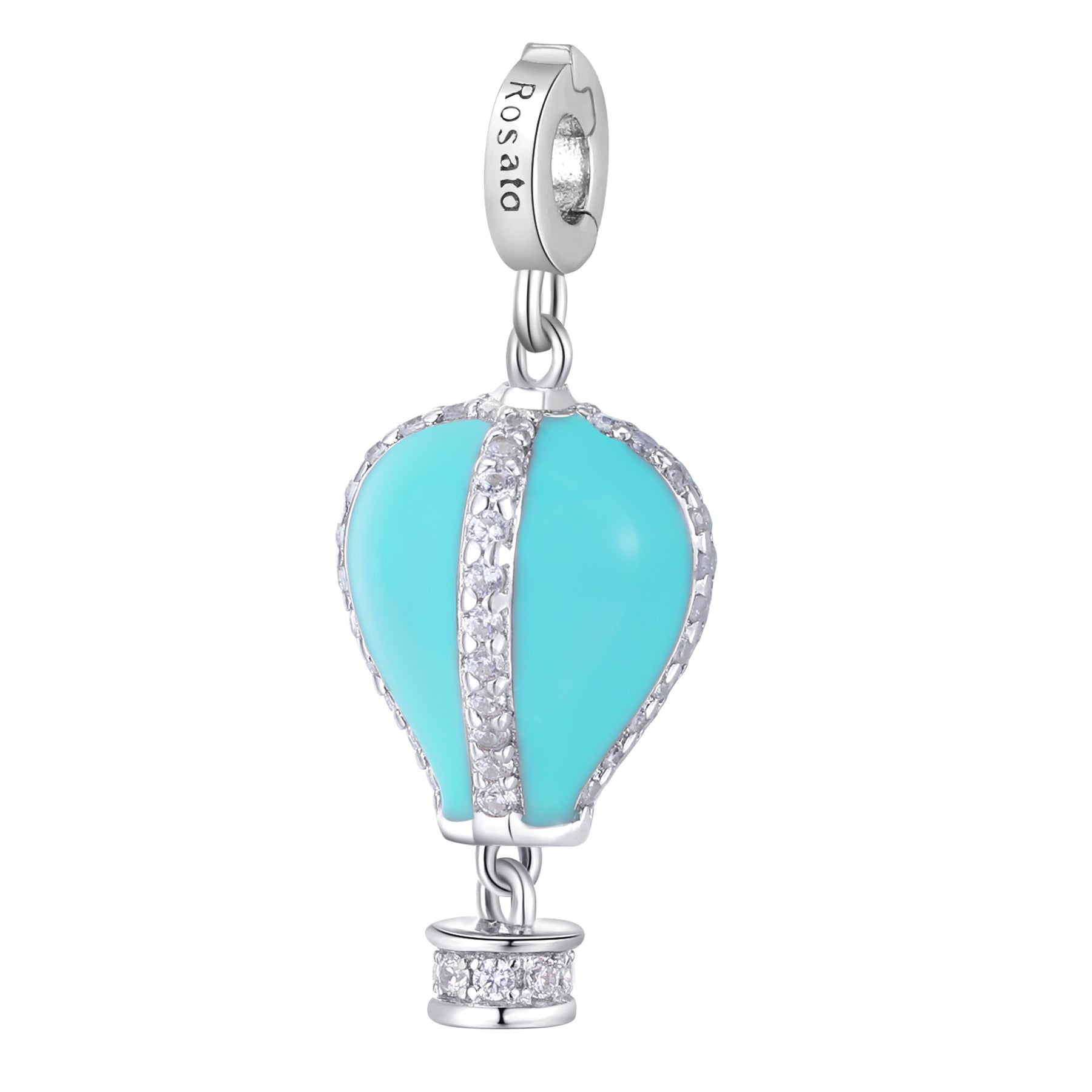 925   Sterling Silver Charm, Hot-Air Balloon  Shaped With 52 White Cubic Zirconias And Turquoise Enamel. | Rz187R