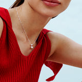 925   Sterling Silver Short Necklace, 21 White Cubic Zirconia, 1 Natural Pearl | Rzaz001
